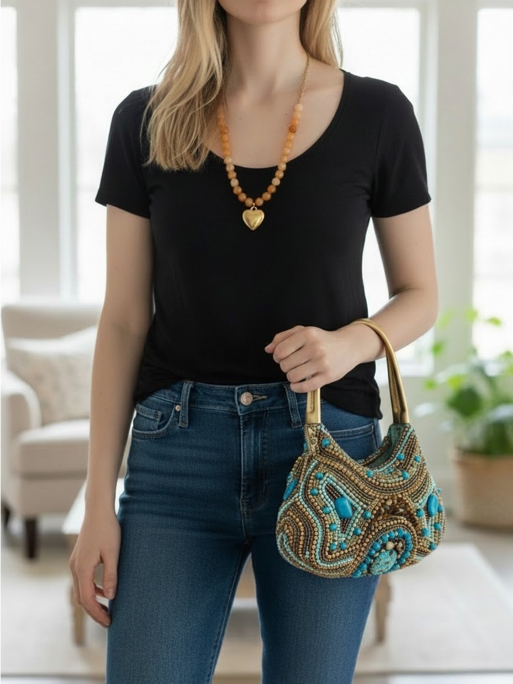 Mary Frances Beaded Turquoise & Gold Handbag